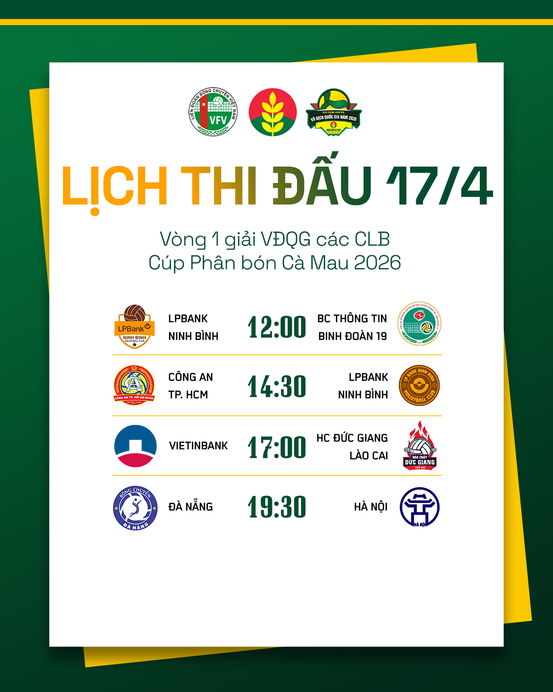 Lịch thi đấu bóng chuyền vô địch quốc gia hôm nay (17-4)

